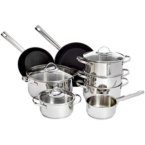 Amazon Basics Batterie de Cuisine à Induction de 11 Pièces – Acier Inoxydable, avec Revêtement Antiadhésif, avec…