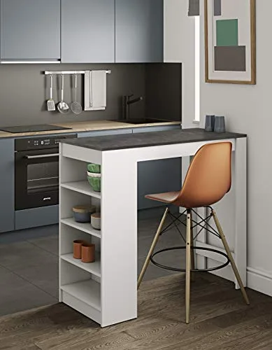 Temahome Aravis Table Bar Avec Rangements, Panneaux de Particules Mélaminés, Blanc/Béton, 115 X 50 X 102,7 cm (LxPxA)