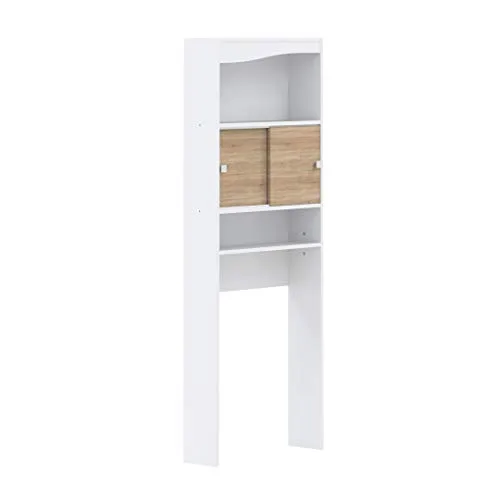 Marque Amazon – Amazon Basics – Meuble de rangement pour toilettes, 64.3 x 19.2 x 177 cm (longueur x profondeur x hauteur), Blanc et finition chêne