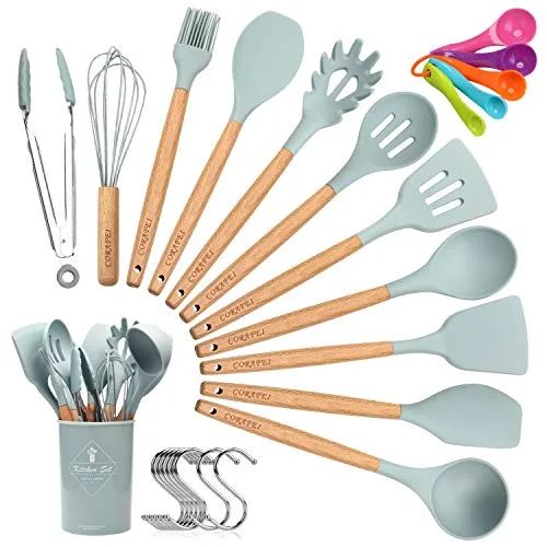 CORAFEI 11 PCS Ustensile de Cuisine en Silicone et Bois, Set de Cuisine Comprend Spatule, Cuillère, Louche, Fouet – Pot…
