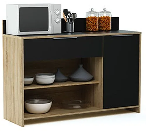 Meuble desserte en bois 1 porte, 1 tiroir et 2 niches, L123 x H85 x P40 cm -PEGANE-