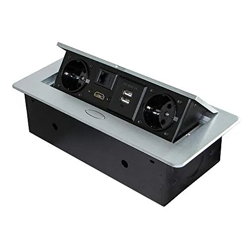 Emuca – Bloc multiprise escamotable pour encastrer au Bureau, Bloc multiprise Plan de Travail (Prise EU Type F, USB…